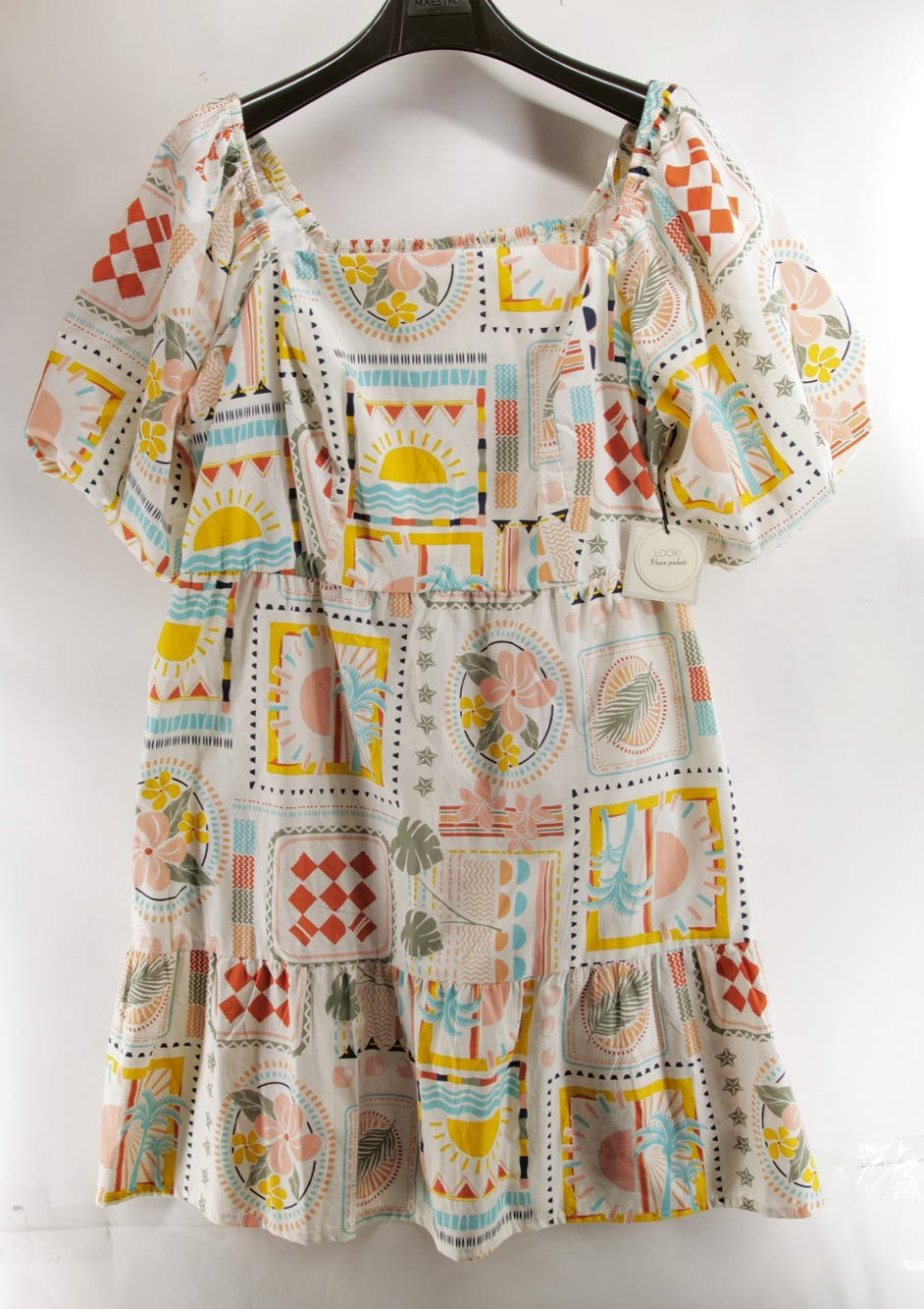 LÉA Cotton Boho Floral Puff Sleeve Smocked Midi Dress with Pockets Plus Size 2XL